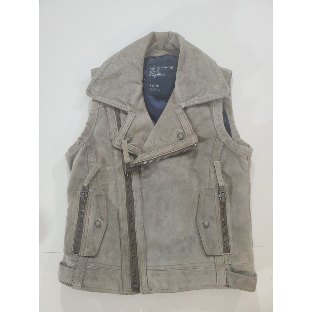 American Eagle Light Gray Genuine Suede Leather‎ Moto Vest Sz XS Sleeveless